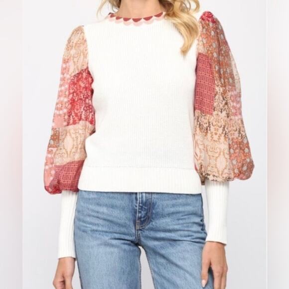 Fate Sweaters - Fate Cream Crewneck Sweater with Multicolor Puff Sleeves Medium